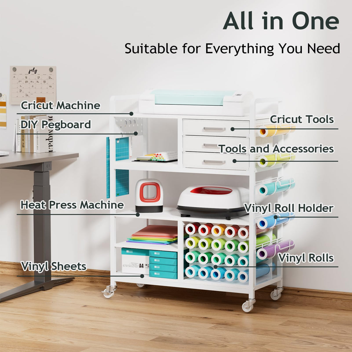 Craft Cart and Organizer Table Compatible with Cricut - Rolling Storage Cart/Shelf with 20 Vinyl Roll Holders, 3 Fabric Drawer, Accessories Holder, Tool Hook for Craft Room Home,Office Homsorout