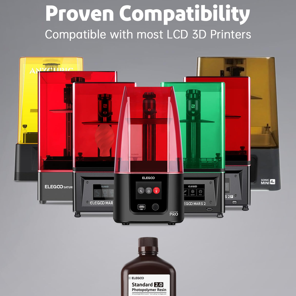 ELEGOO Standard 2.0 Photopolymer Resin 2000g Grey, Rapid Precise Printing Resin 405nm LCD UV-Curing for LCD/DLP/MSLA 3D Printer ELEGOO