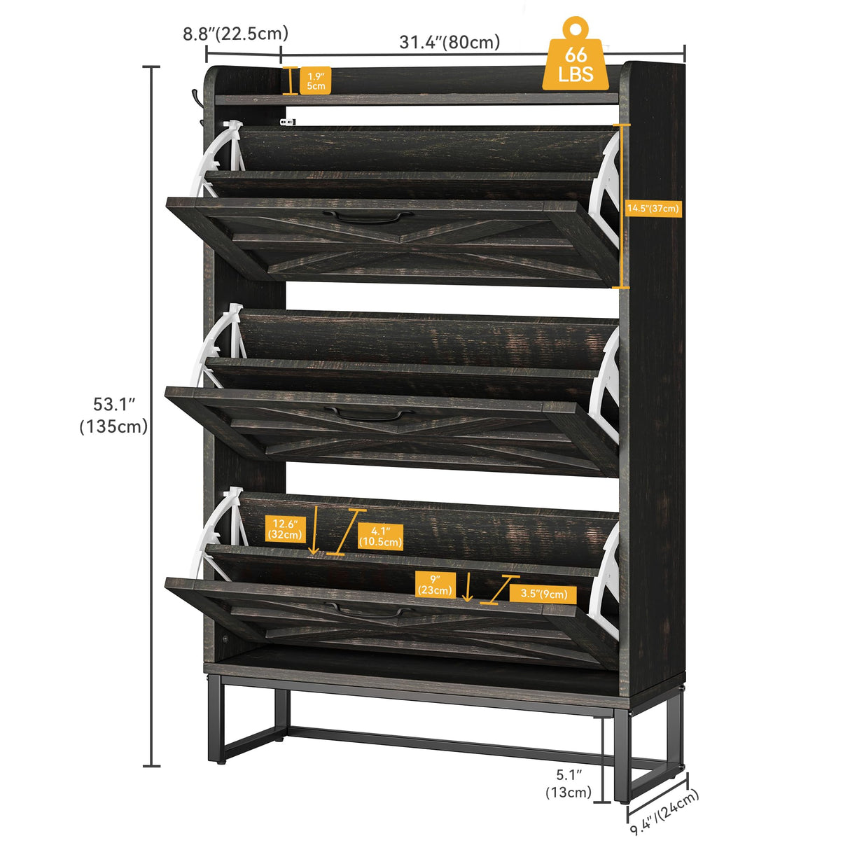 DWVO Shoe Cabinet with 3 Flip Drawers, Farmhouse Shoe Storage Organizer with Metal Legs for 24 Pairs of Shoes, Narrow Slim Shoe Rack Cabinet for Entryway, Living Room, Hallway (Dark Rustic Oak) DWVO