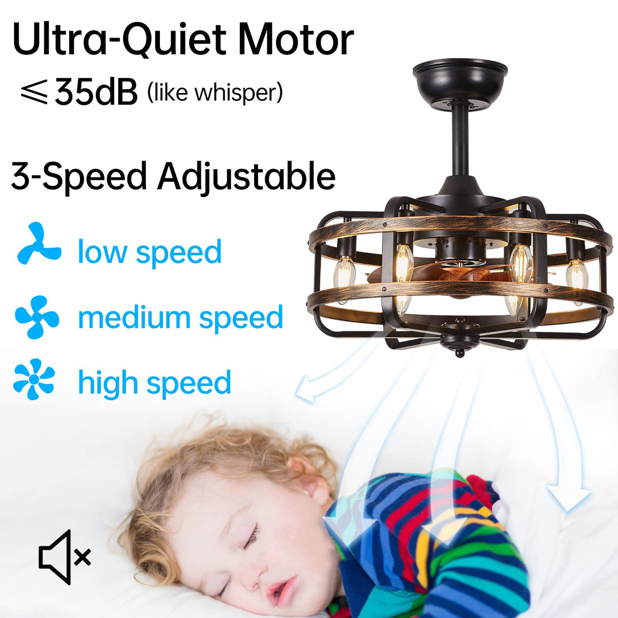 IYUNXI Caged Ceiling Fans with Lights Farmhouse, 18 Inch Flush Mount Vintage Bladeless Rustic Chandeliers Fan Remote Bedroom 6 Light E12 Bulb Base IYUNXI