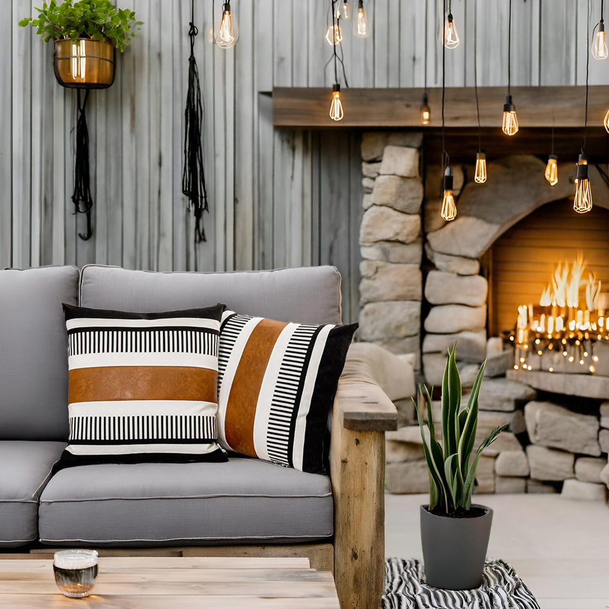 Vfuty Pack of 2 Farmhouse Throw Pillow Covers for Couch Sofa Decorative Faux Leather Square Cushion Cover Tribal Stripe Accent Pillow Case 18 x 18 Inch,Black Vfuty