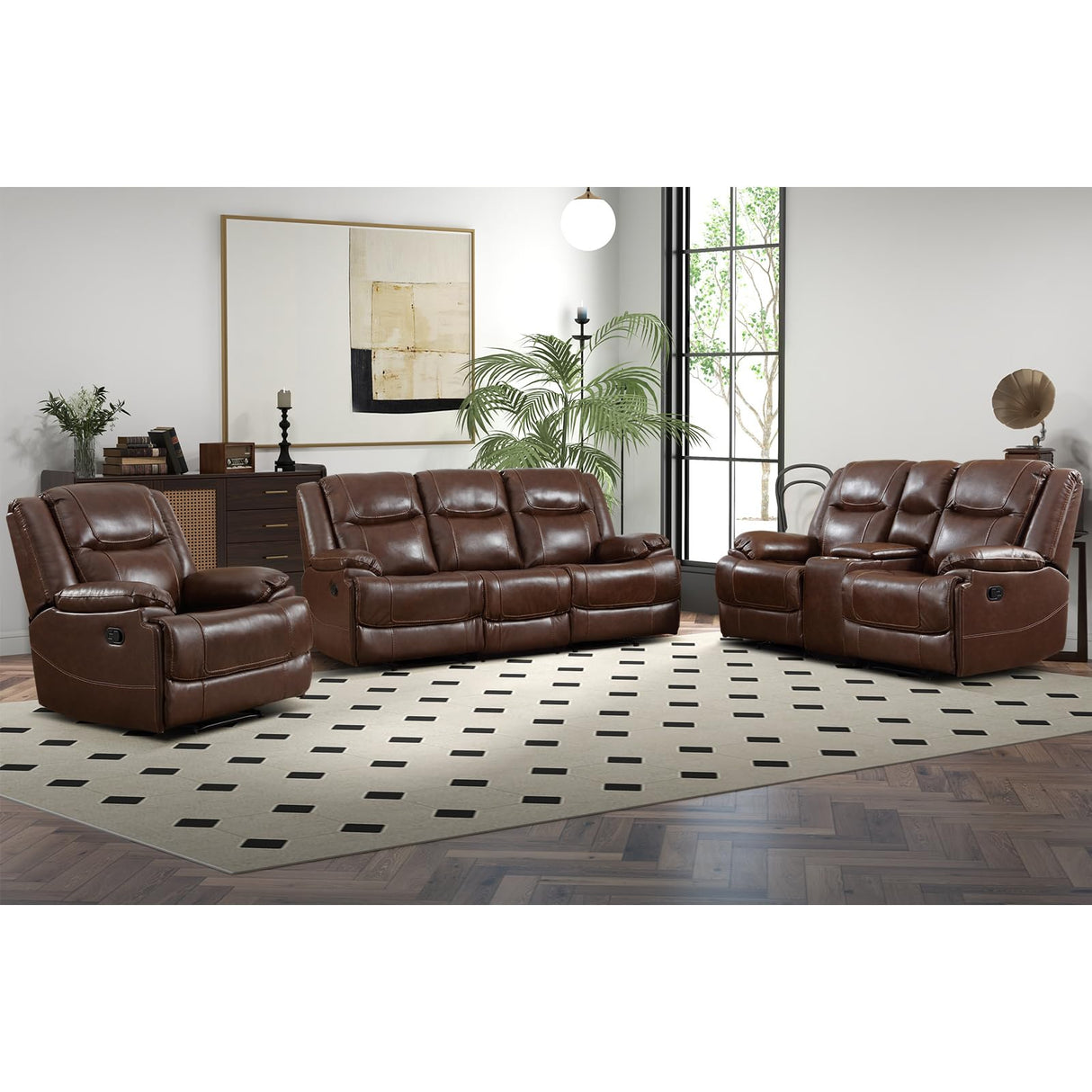 EBELLO Genuine Leather Manual Recliner Sofa Set, Recliner Chair, Loveseat Reclining Sofa and 3 Seat Recliner Sofa, Couch Furniture Set for Living Room, Meeting Room, Brown(Recliner+Loveseat+Sofa) EBELLO