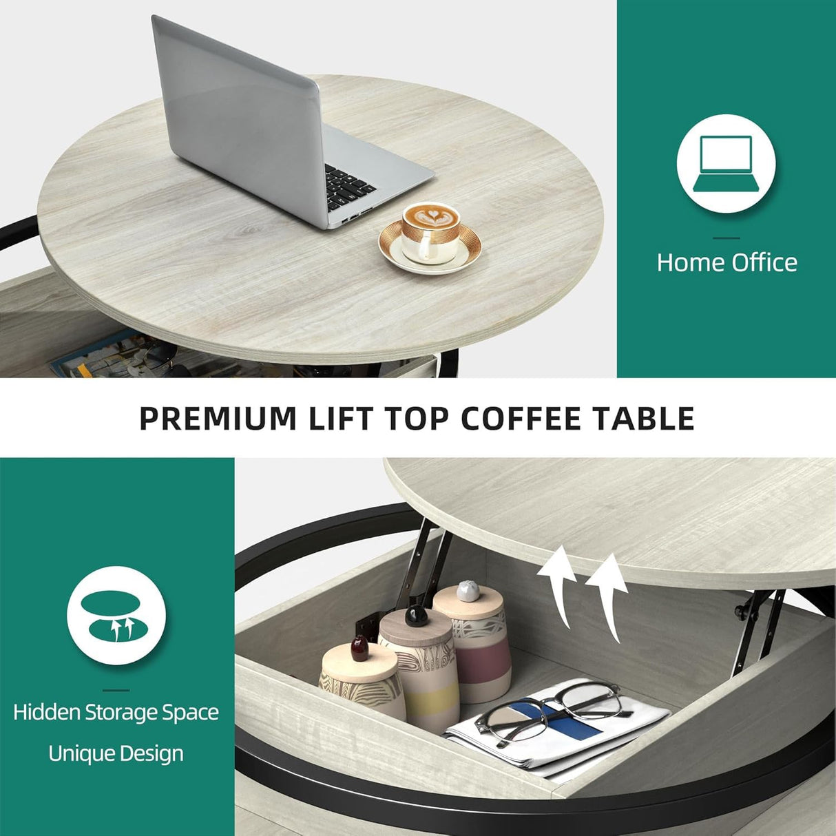 YITAHOME Round Lift Top Coffee Table, Coffee Tables for Living Room with Hidden Storage Compartment, Modern Coffee Table with Storage for Home Office, Center Tables Living Room, White Oak YITAHOME