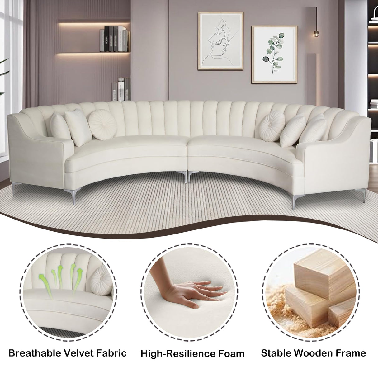 Legend Vansen L Semicircle Velvet Sofa 141.34” Oversized Sectional Curved Sofa for Living Room, Office, Apartment (1, Cream) Legend Vansen