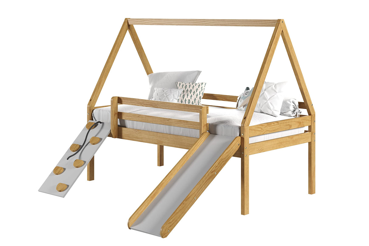 P'Kolino Casita Play Bed - Twin - Low Loft Bed with Slide, Climbing Ramp - Solid FSC Certifed Wood - Natural Wood P'Kolino