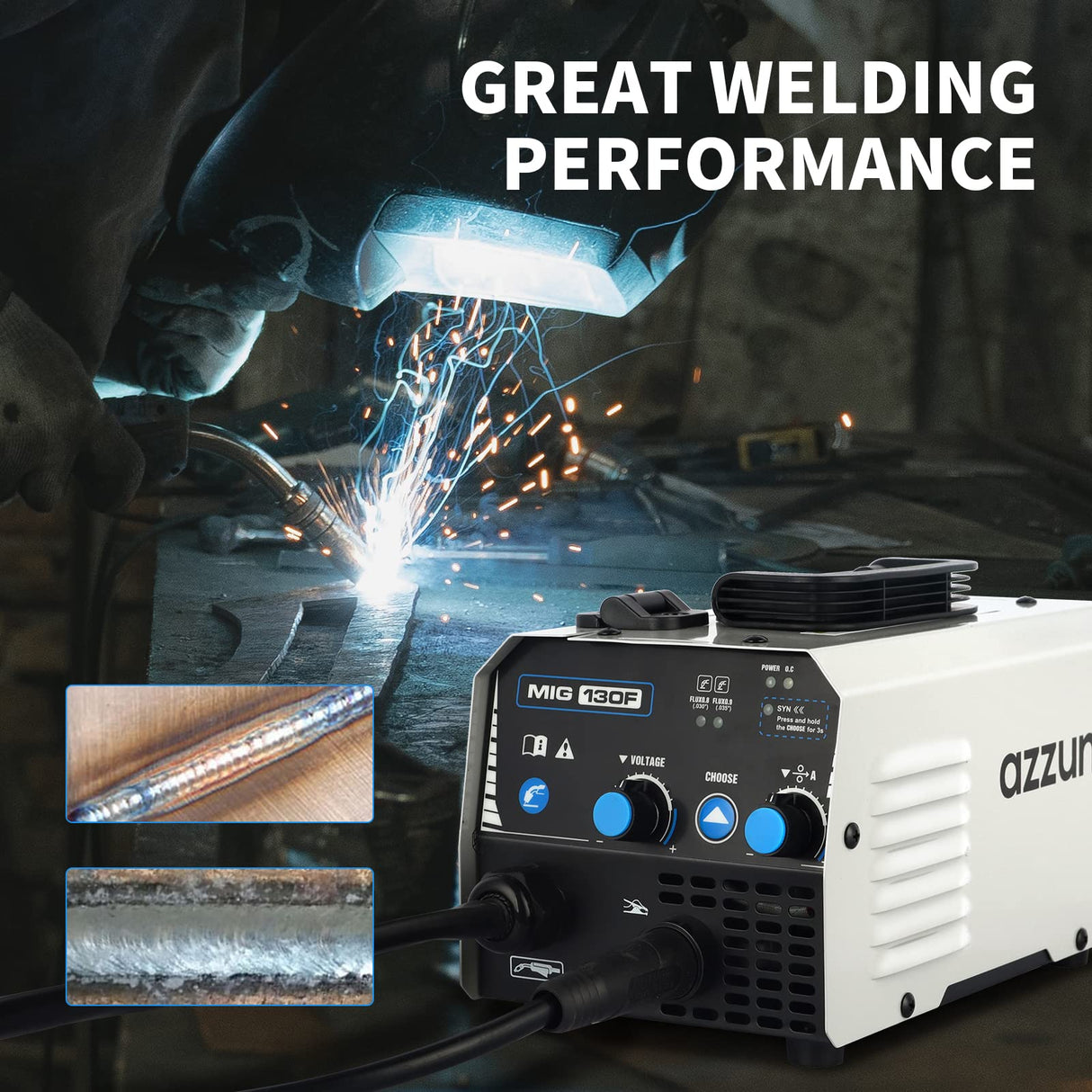 AZZUNO MIG Welder,Flux Core Welder Machine 110V 130Amp, Gasless MIG Welding Machine IGBT Inverter Welder Portable Wire Feed Welder (110V) AZZUNO