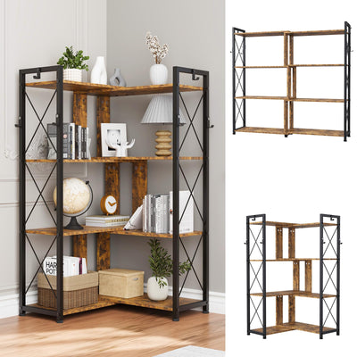 EDWINENE 4 Tier Corner Bookshelf, Industrial l Shaped Bookshelf with Metal Frame, Tall Corner Shelf Stand with 2 Hooks for Living Room, Bedroom, Home Office, Rustic Brown