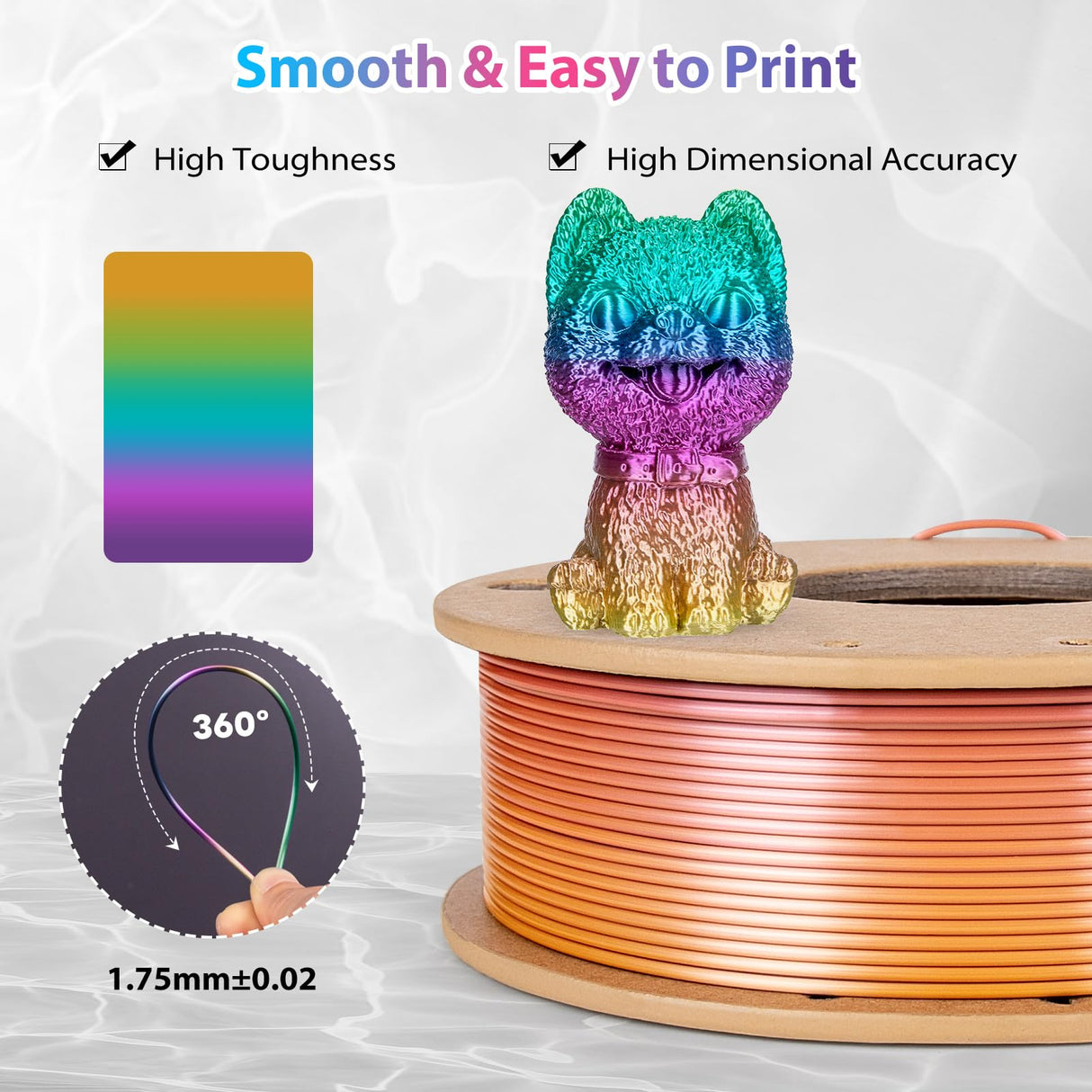 3Dgenius Silk Rainbow PLA Filament 1.75mm Silk PLA 3D Printer Filament Shiny Fast Color Changing Gradient Filament Fit Most FDM Printers, 250g Spool(0.55lbs), Candy Series 3Dgenius