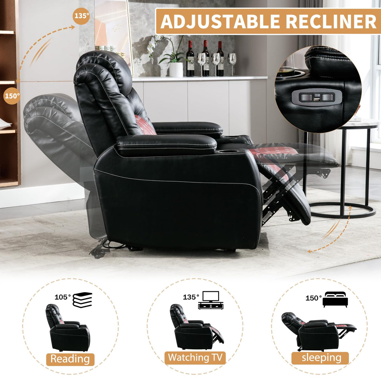 ANJ Electric Power Recliner Chair with Adjustable Powered Headrest, Faux Leather Home Theater Seating Overstuffed Reclining Furniture with USB Ports, Cup Holders, Hidden Arm Storage (Black/Red) ANJ