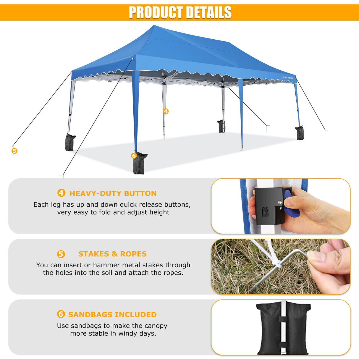 HOTEEL 10x20 Pop Up Canopy Tent for Parties, Easy Setup Canopy Tent for Backyard, Waterproof Outdoor Gazebo for Wedding Event Patio, Outside Instant Vendor Tent with 4 Sandbags & Rolling Bag, Blue Hoteel
