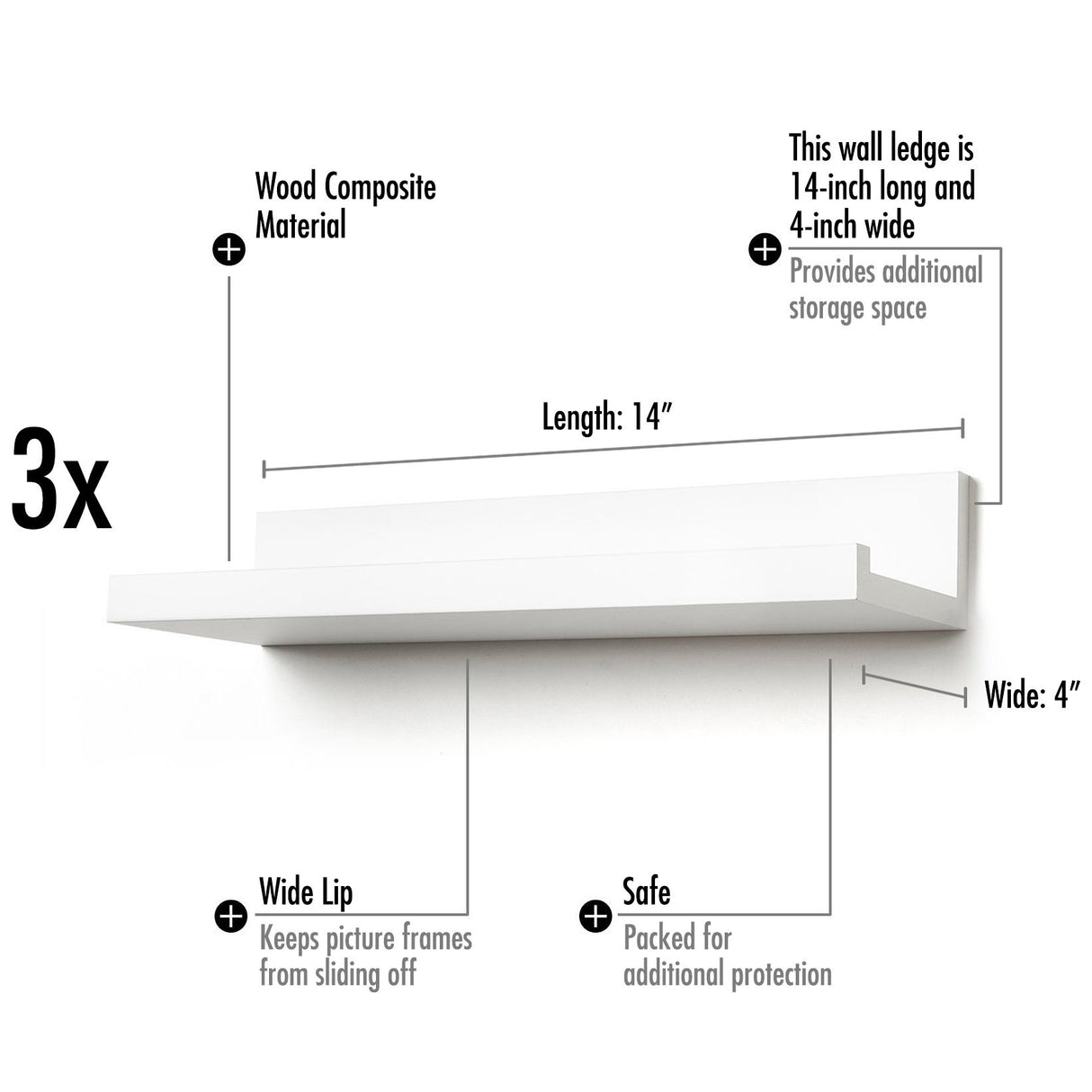 Americanflat 14 Inch Floating Shelves Set of 3 in White Composite Wood - Wall Mounted Storage Shelves for Bedroom, Living Room, Bathroom, Kitchen, Office and More Americanflat