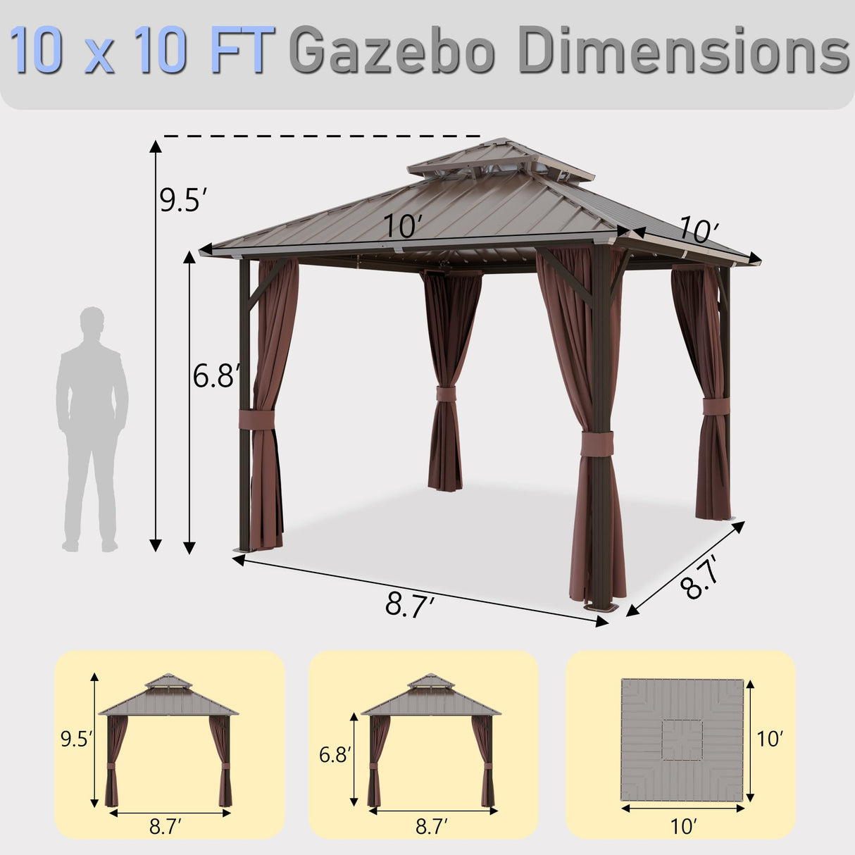 Yardsight Hardtop Gazebo 10' x 10', Outdoor Aluminum Frame Galvanized Steel Double Roof Pavilion with Netting and Shaded Curtains, Permanent Metal Pergolas for Patio, Backyard, Deck and Lawns. Yardsight