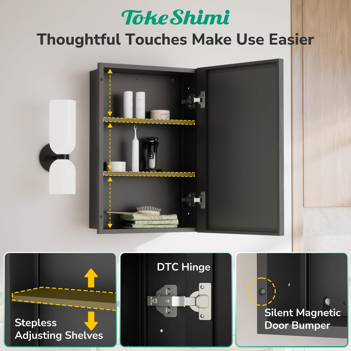 TokeShimi 16x24 Recessed Medicine Cabinet with Mirror, Black Bathroom Medicine Cabinet with Mirror, Bathroom Mirror with Storage, Beveled Aluminum Frame TokeShimi