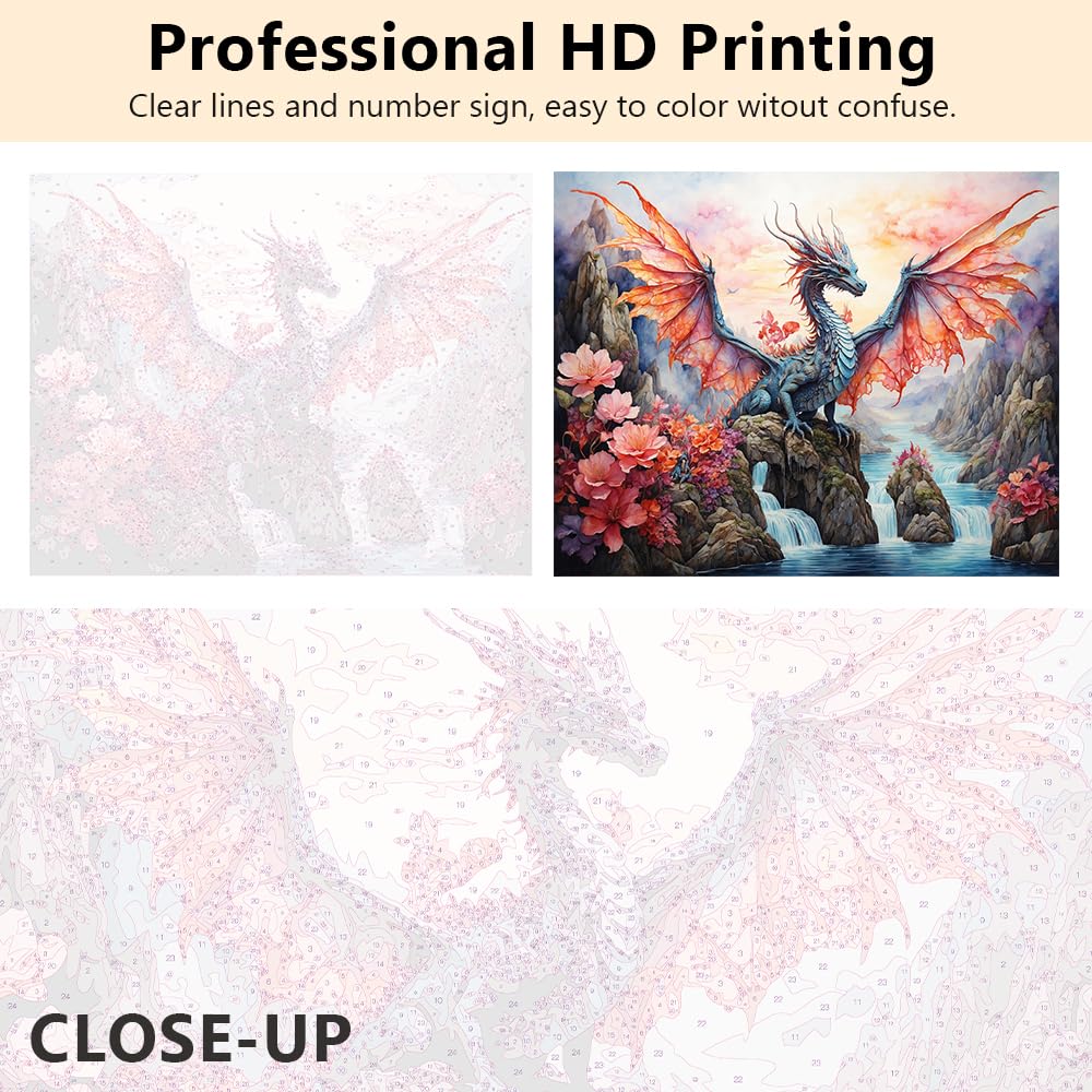 Dragon Paint by Numbers Kit for Adults, Winged Dragon DIY Oil Painting Kit, Abstract Canvas Acrylic Pigment Pink Landscape Painting Arts Craft for Home Wall Decor Gift 16x20 Inch Without Frame Rebotipy