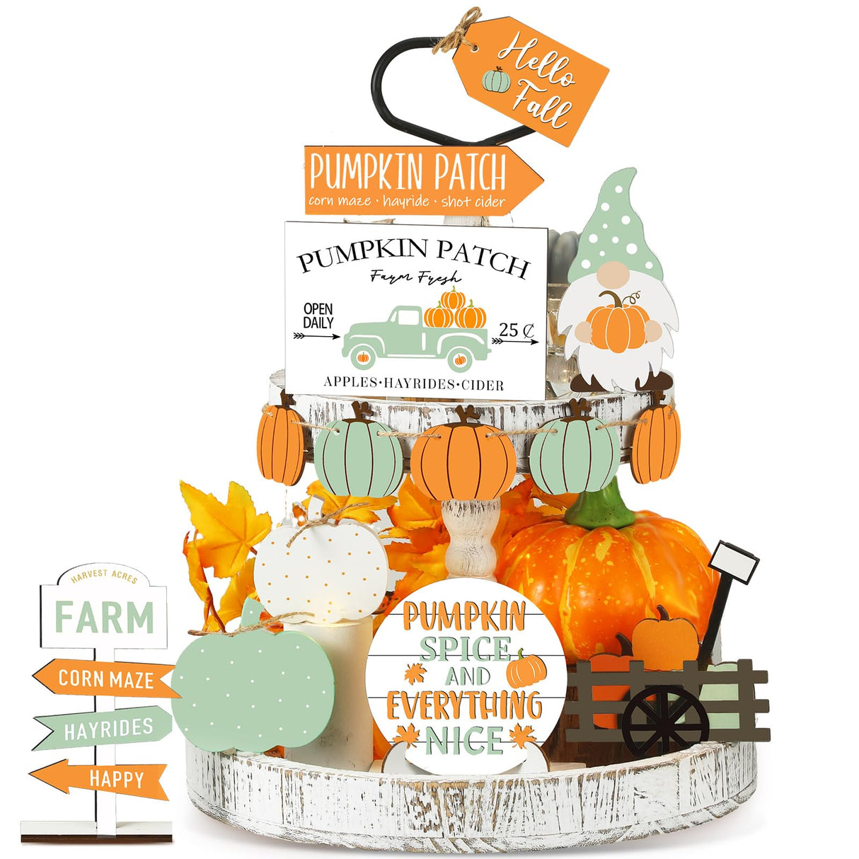 Sumind 15 Pcs Fall Tiered Tray Decor Set Hello Fall Decor Autumn Wood Signs Thanksgiving Orange Brown Table Signs Farmhouse Wooden Maple Pumpkin Gnomes Tabletop for Festival Home Decor (Gnomes) Sumind