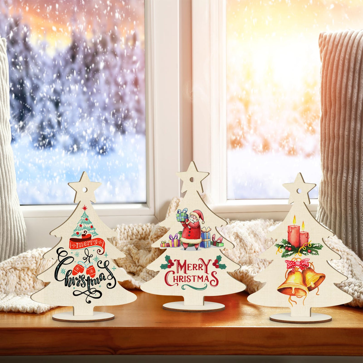 Wooden Christmas Ornaments to Paint Christmas Tree Decoration Cutouts Unfinished 3Pack 7 inches, Wood DIY Blank Christmas Tree Table Sign Ornament for Home Crafts Hanging Decoration with String Base Sophena