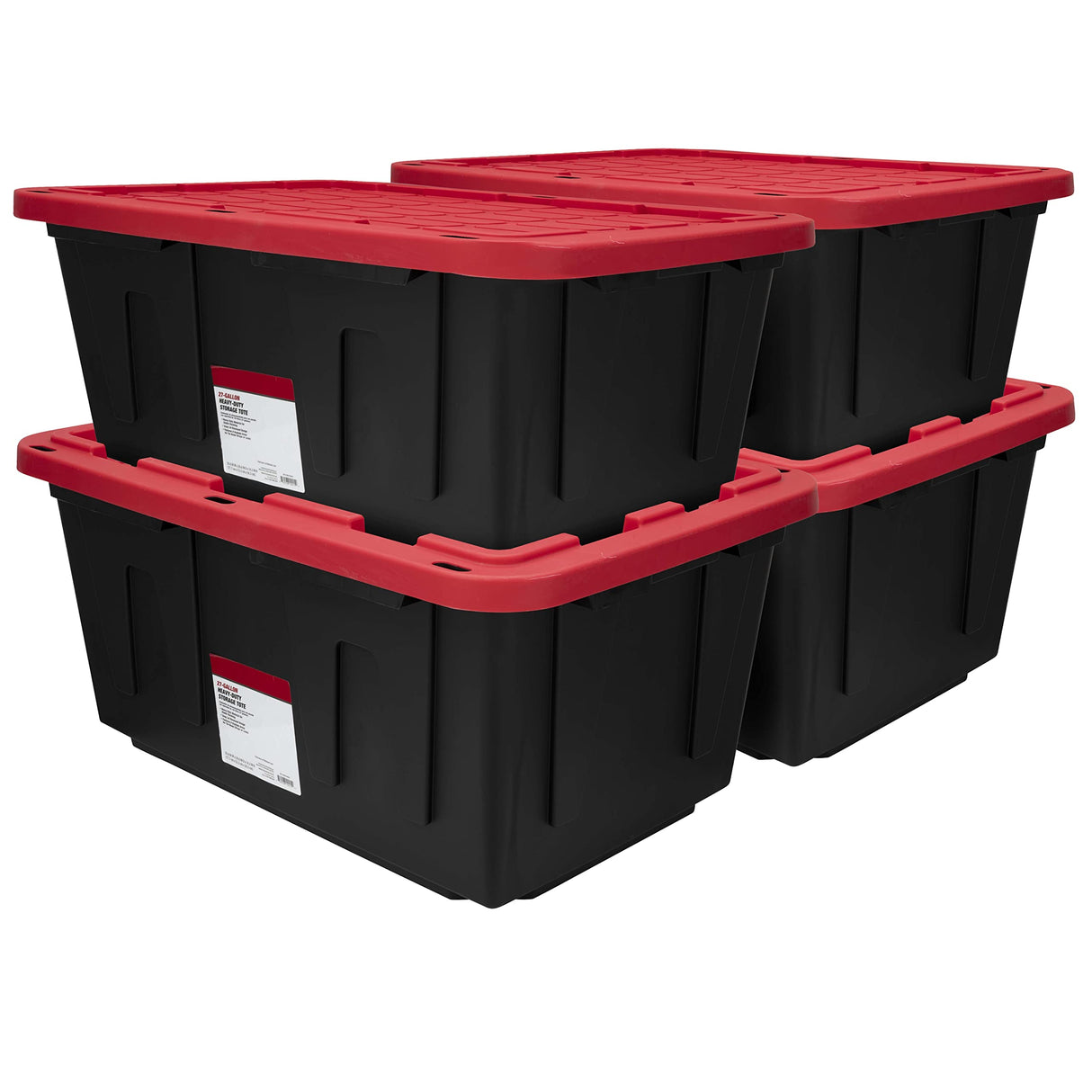 MioeDi 27 Gallon Stackable Snap Lid Plastic Storage Bin Container, Black with Red Lid, Set of 4, Black/Red MioeDi