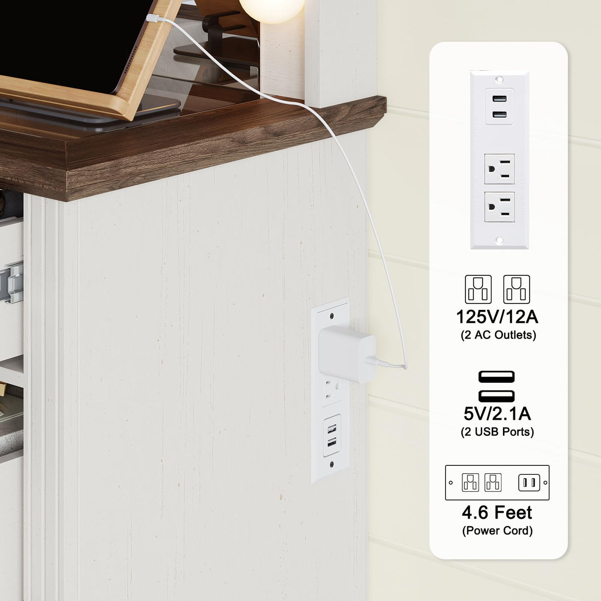 YUMPIE 55" Farmhouse Vanity Desk with Large Mirror & Lights, Glass Top Large Makeup Vanity Table with 10 Hollywood Lights Bulbs, Charging Station, 5 Drawers, Dressing Table for Bedroom, Rustic White YUMPIE