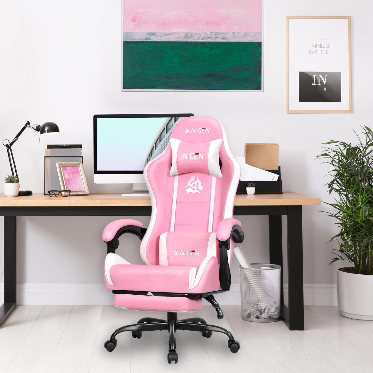 N-GEN GAMING Video Gaming Chair with Footrest High Back Ergonomic Comfortable Office Computer Desk with Lumbar Support Height Adjustable with PU Leather Recliner for Adults Women Men (Pink) N-GEN GAMING
