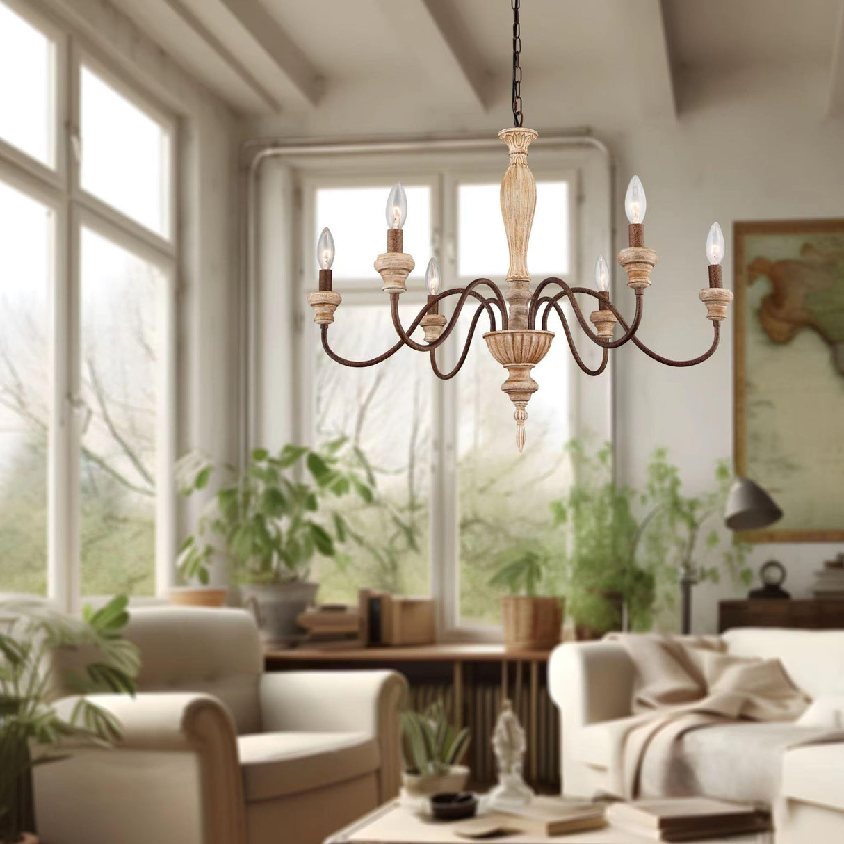 Fminlla French Country Chandelier 6-Lights Vintage Farmhouse Candle Style Chandelier Rustic Handmade Distressed Wood Chandelier for Dining Room Light Fixture, Living Room, Bedroom,Kitchen, E12 Fminlla
