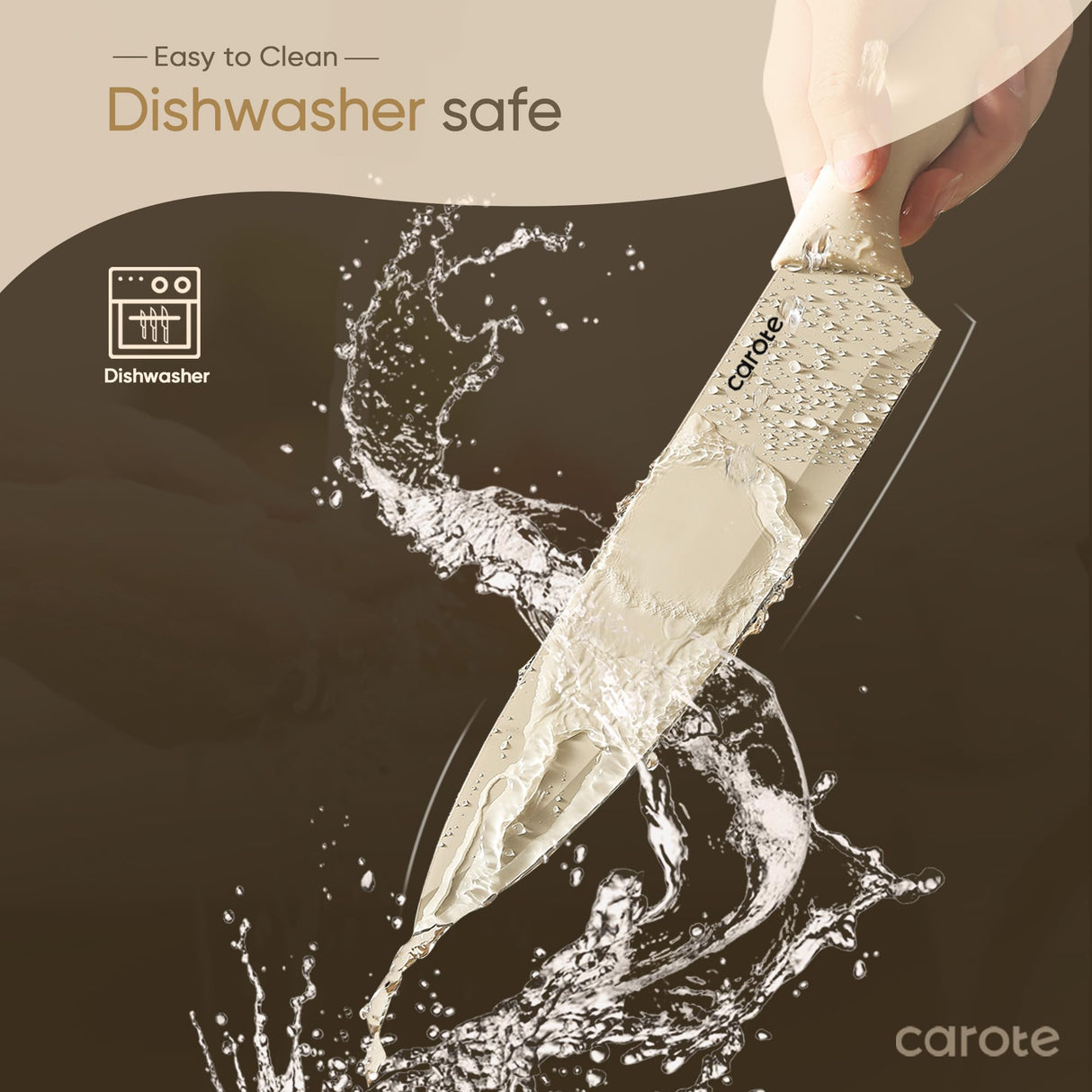 CAROTE 12 Pieces Kitchen Knife Set, Stainless Steel Knife Set With Nonstick Ceramic Coating, Dishwasher Safe with 6 Blade Guards, Rustproof, Brown CAROTE