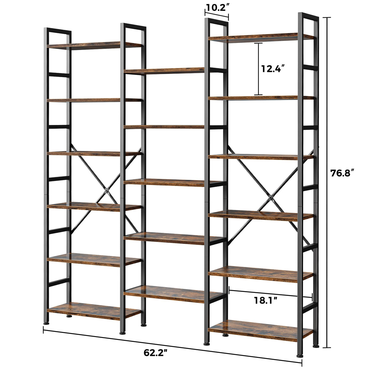 SUPERJARE Triple 6 Tier Bookshelf, Bookcase with 17 Open Display Shelves, Wide Book Shelf Book Case for Home & Office, Rustic Brown SUPERJARE