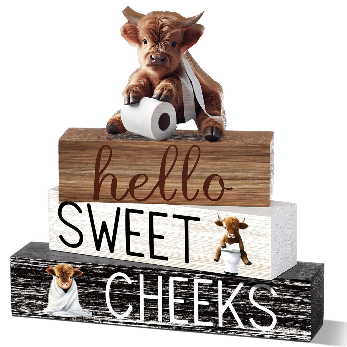 Cinnvoice 4 Pcs Christmas Highland Cow Bathroom Decor Farmhouse Bathroom Decoration Western Hello Sweet Cheeks Table Centerpiece Cinnvoice