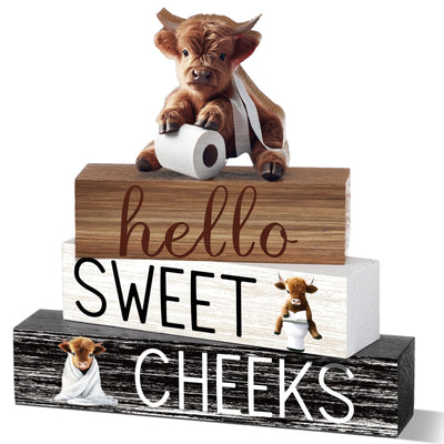 Cinnvoice 4 Pcs Christmas Highland Cow Bathroom Decor Farmhouse Bathroom Decoration Western Hello Sweet Cheeks Table Centerpiece
