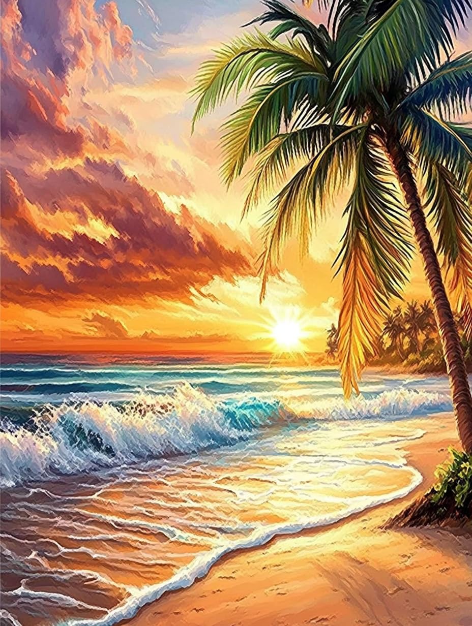 JOASURA Summer Beach Diamond Painting Kits for Adults,DIY Diamond Art Painting Round Full Drill 12x16in,5D Diamond Dots Art for Beginning Home Wall Decor JOASURA