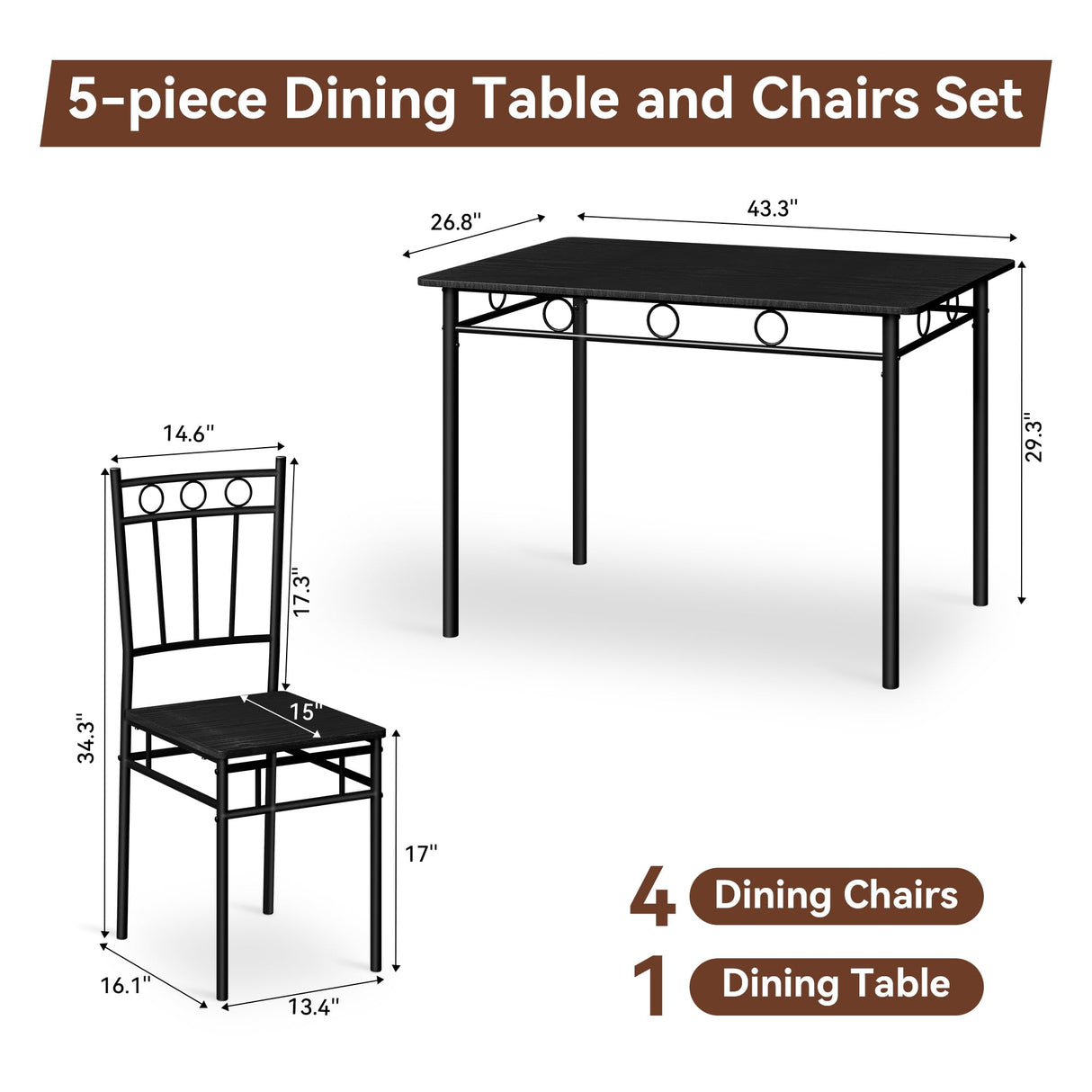 Vipbear Kitchen Dining Table Set for 4, 5-Piece Kitchen Table Set,Dining Room Table Sets,Rectangular Kitchen Table Set with 4 Chairs for Small Space, Dinette,Apartment,Rustic Black Vipbear