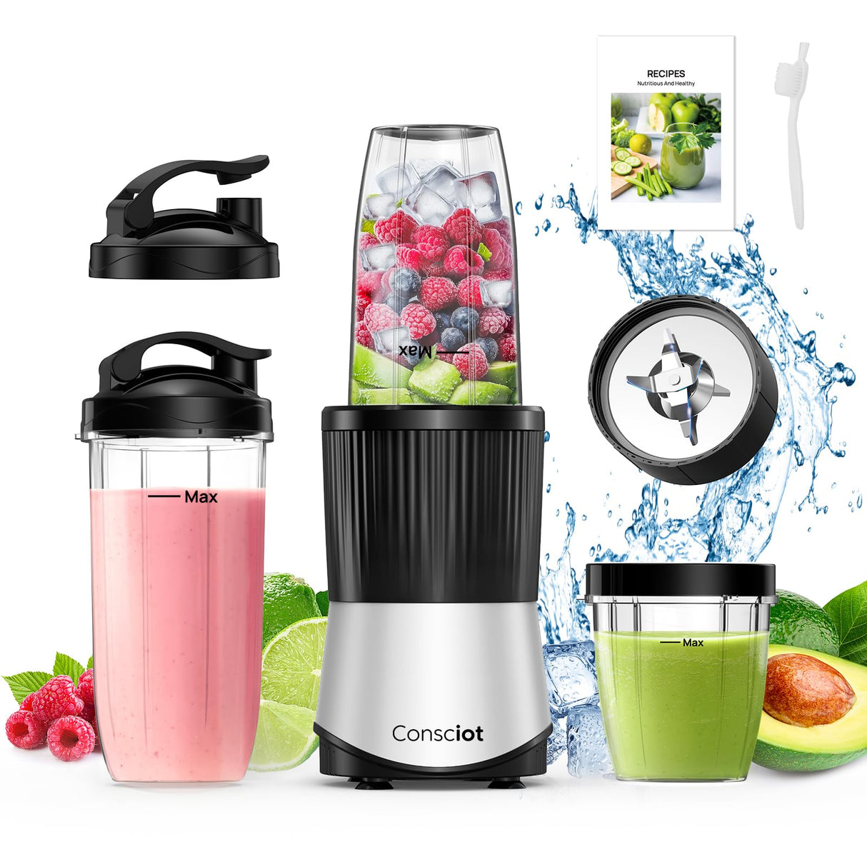 Consciot CB08 11-Piece Blender for Kitchen and Personal Size, Blend Shakes and Smoothies, Frozen Drinks, Baby Food, Spreads & More, 3 Portable To-Go Cups & 2 Spout Lids & 1 Solid Lid, 900 Peak Watts Consciot