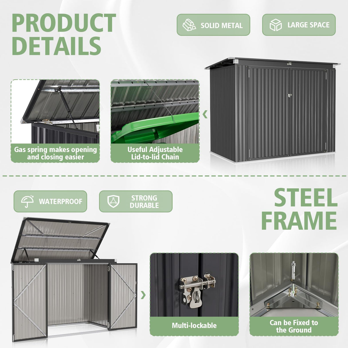 Jolydale 79 Cu. Ft Premium Storage Shed 3.3 x 5.6 FT Outside Metal Trash Shed Waterproof Outside Storage with Lid Chain Storage Trash Can Weeding Tools, for Garden, Backyard, Patio (Black) Jolydale