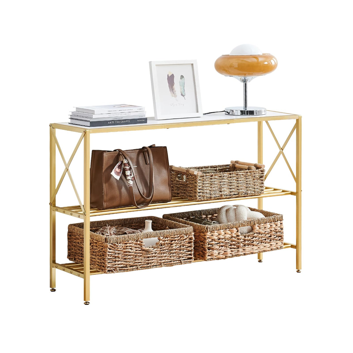 Wimarsbon Console Table, 3 Tier Entryway Table, Hallway Table, Narrow Sofa Table with Shelves, Display Side Table, Entrance Table for Entryway, Hallway, Foyer, Living Room (Gold Frame White) Wimarsbon
