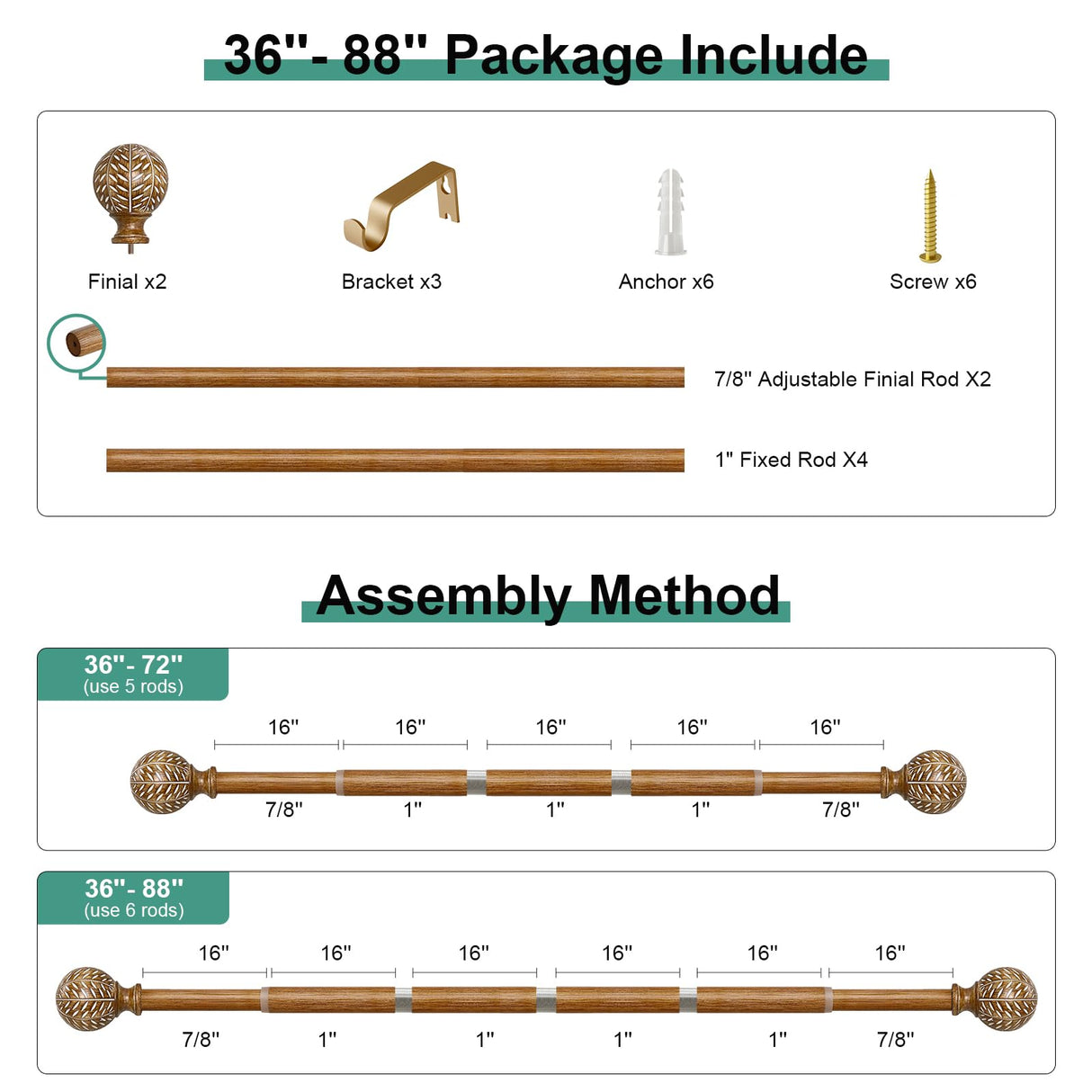 QDWIS Wood Curtain Rods for Windows 48 to 84 Inch(4-7ft),1'' Diameter Drapery Rods with Imitation Wood Grain Leaf Pattern Finials,Boho Adjustable Heavy Duty Curtain Rods Set,36-88'' QDWIS
