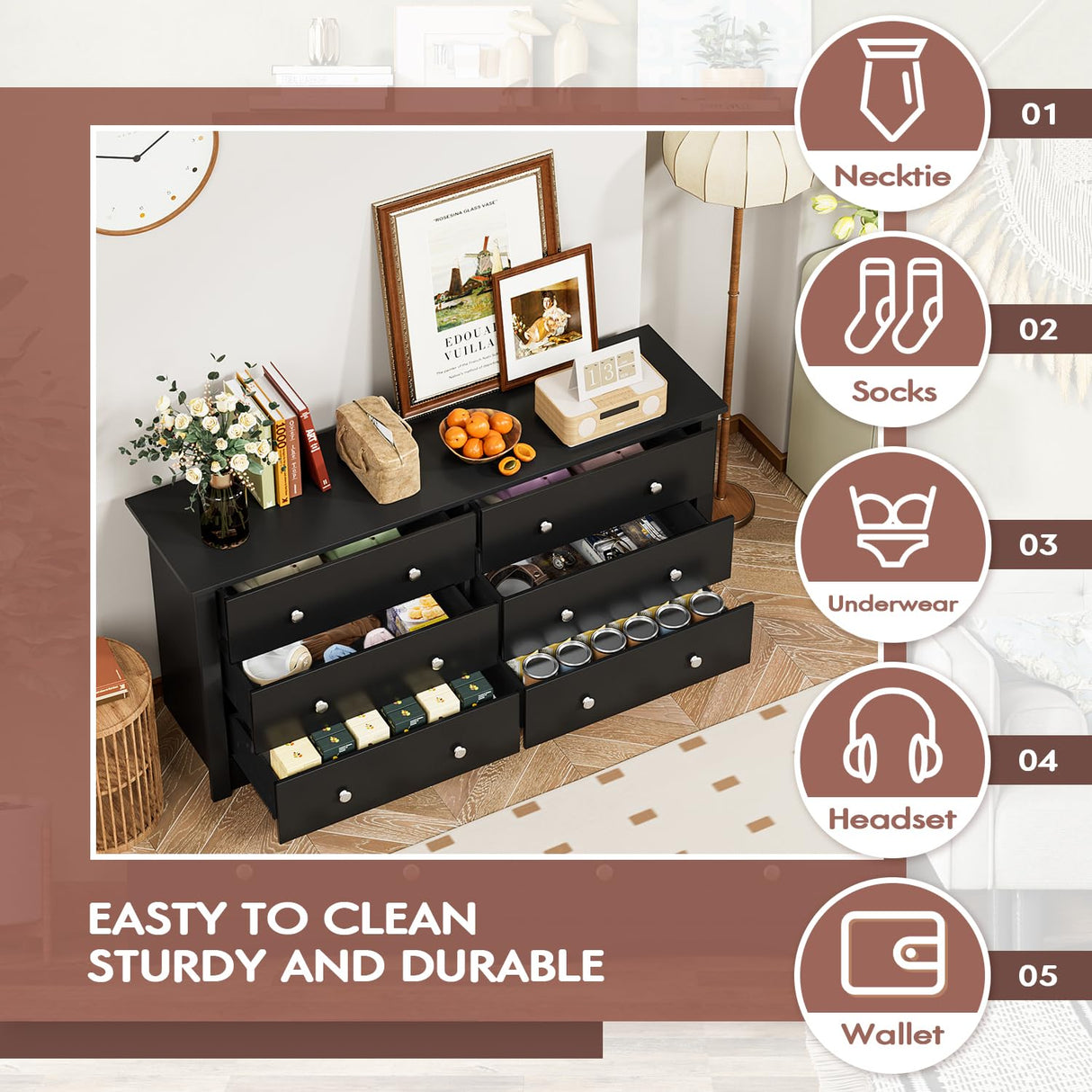 Shahoo Wood Dresser for Bedroom, Wide Chest of Drawers with 6 Drawers,Storage Tower Unit, Modern Closet Store Organizer for Living Room, Hallway (Black) Shahoo