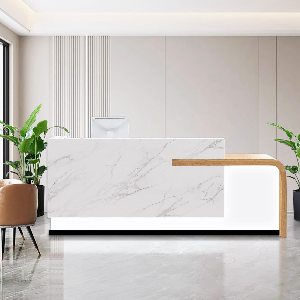 Reception Desk with Counter Modern Front Receptionist Table Large Welcome Desk Checkout Counter for Reception Room, Office, Retail, Lobby, Beauty Salon White Right High Wood and White 87inch/220cm CHARON