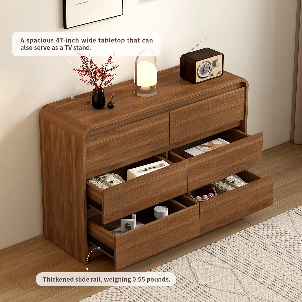 Modern 6 Drawer Dresser, 47-Inch Wood Chest of Drawers, Curved Anti-Collision Design, Mid-Century Storage Cabinet, Pre-Embedded Slots, Natural Texture, for Bedroom, Living Room, TV Stand, Nursery Messenya