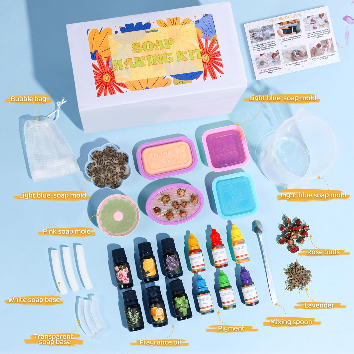 Dewiitine DIY Soap Making Kit, Soap Kit with Soap Mold Melt and Pour Soap Base Fragrances Dried Flowers Glitter Soap Colorant DIY Craft Kit for Adults Beginners Dewiitine
