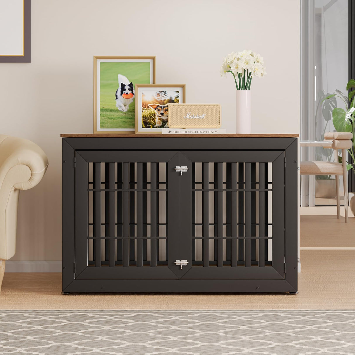 Snuowu 48" Heavy Duty Dog Crate Furniture for Small,Medium and Large Dogs,Rustic Wooden Dog Cage Kennel Indoor Furniture with Waterproof Top,Decorative Pet House Side End Table (Black & Wood) Snuowu