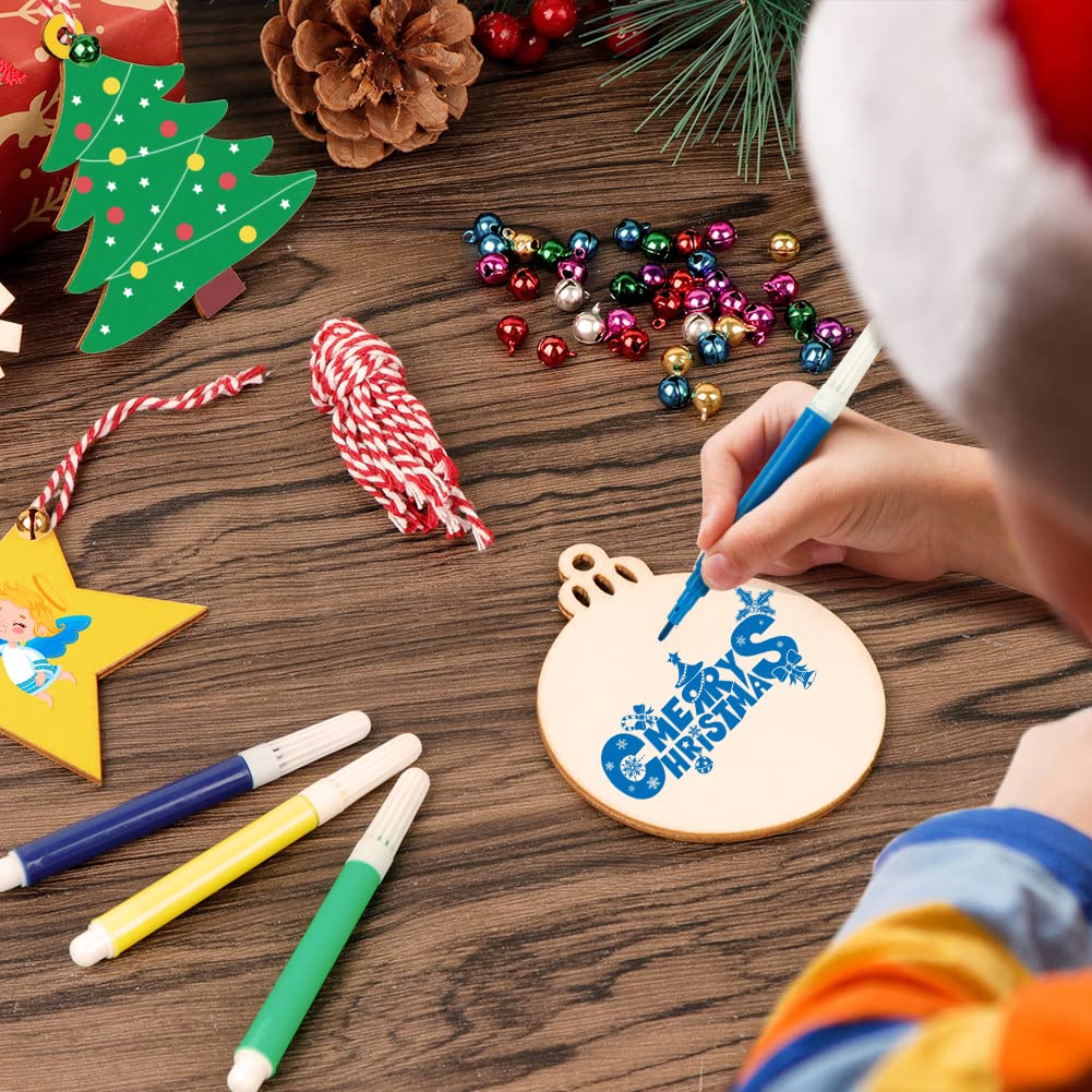 OurWarm 40pcs Wooden Christmas Ornaments Crafts for Kids, DIY Christmas Crafts Ornament Making Kit Unfinished Wood Slices with Holes, Hanging Christmas Centerpieces Decorations, 4 Styles OurWarm