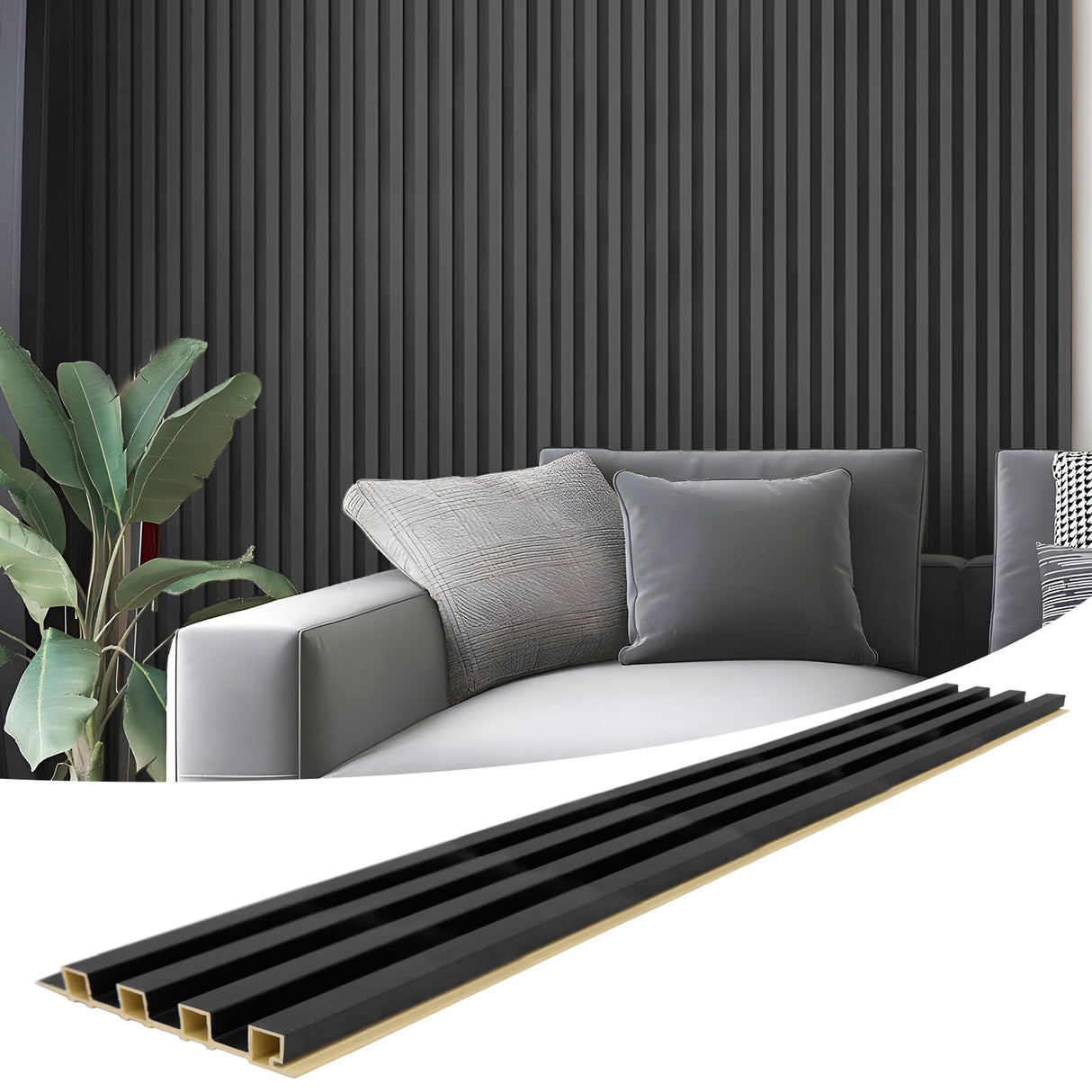Art3d 8-Pack 96 x 6in. WPC Acoustic Slat Wall Panel for Modern Interior Decor, TV Background, Living Room, Matte Black Art3d