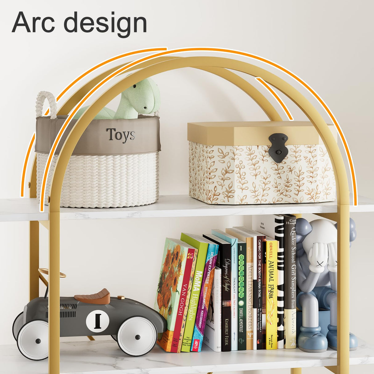 Arbuxzuy Arched Bookshelf 5 Tier Book Shelf, 31.5 Inch Width Industrial Arch Bookcase, Curved Tall Bookshelf with Open Shelves for Home Office, Living Room, Bedroom, Gold Arbuxzuy