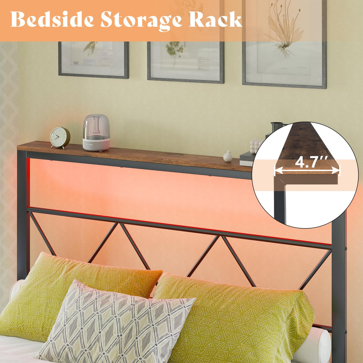 AMERLIFE Queen Size Metal Bed Frame with Headboard Shelf, Platform Bed Frame with LED Strip Light, 11" Underbed Height for Storage, Noise Free, No Box Spring Needed, Black AMERLIFE