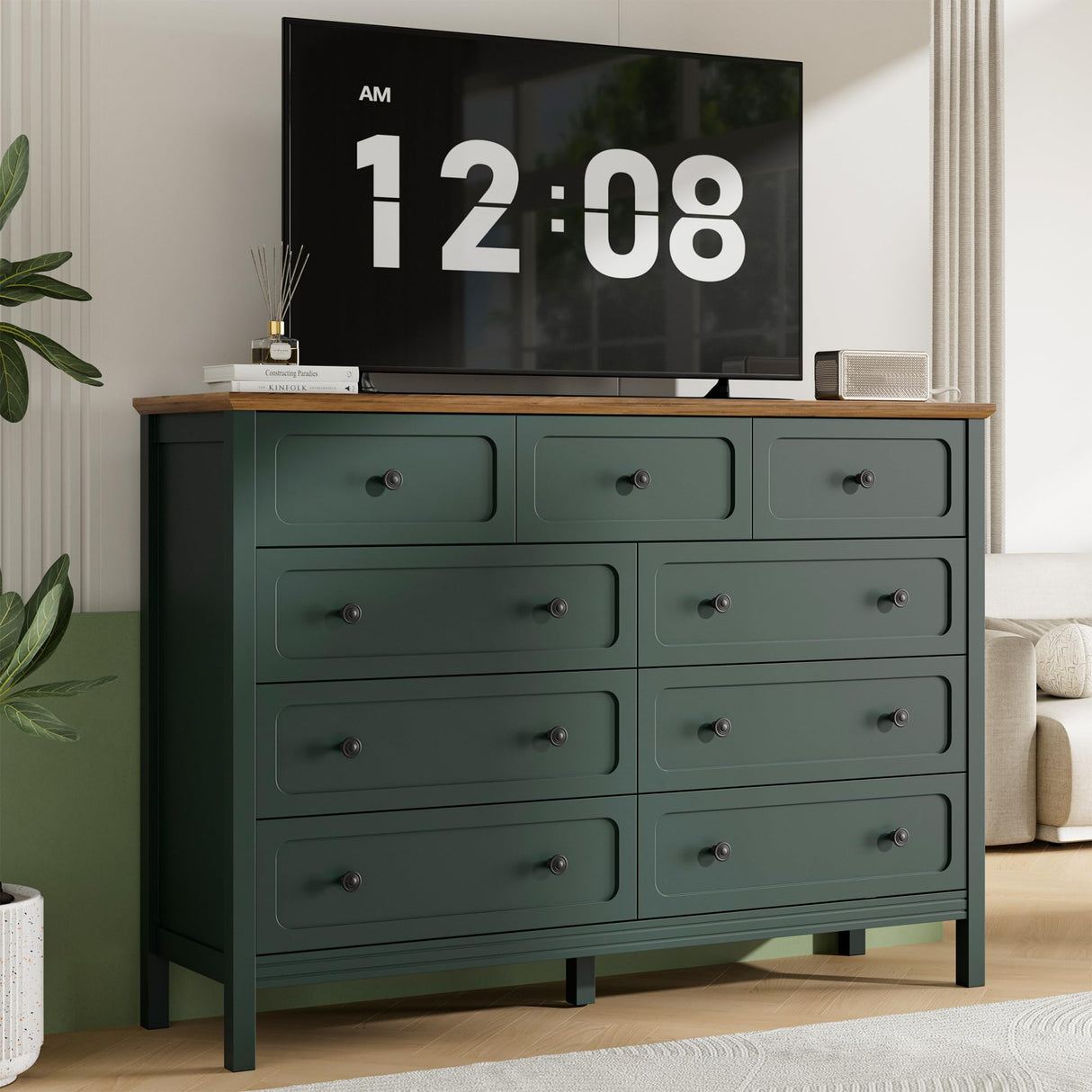 Tradare Dresser for Bedoom, Modern Chest of Drawers, Wood 9 Drawer Dresser with Metal Handles, Storage Organizer Wide Dressers for Living Room, Hallway, Entryway, Green Tradare