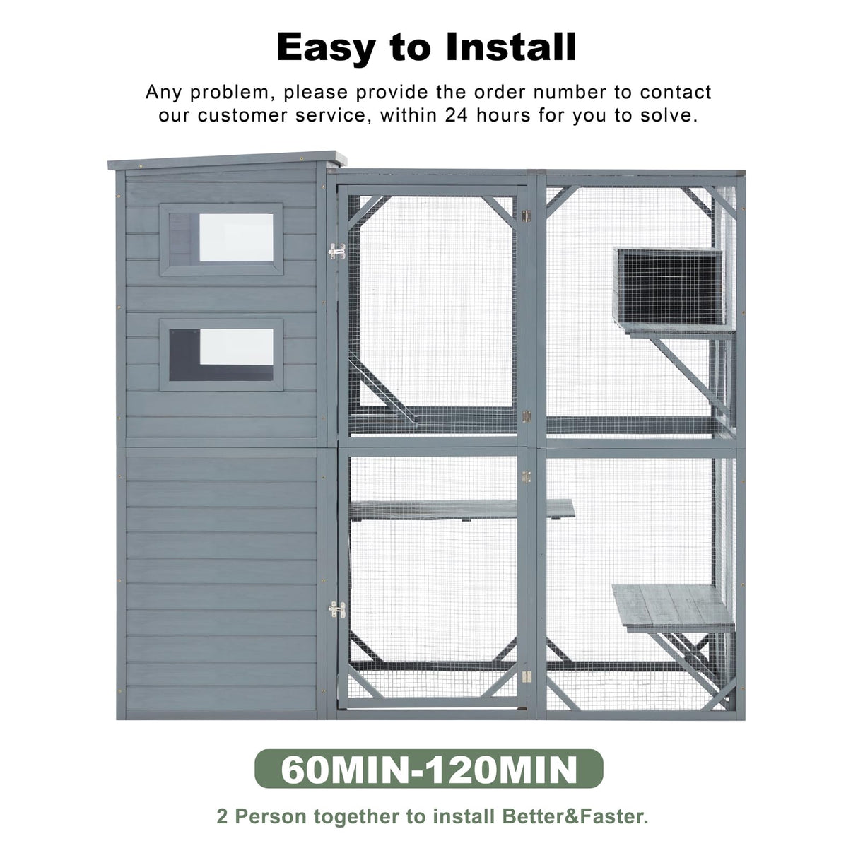 Mxsunh Catio Outdoor Cat Enclosure Large Weatherproof Outdoor Cat House for Outdoor Cats with 3 Resting Boxes, 3 Platforms,5 Windows,70" H*32" W*77" L-Gery MXSUNH