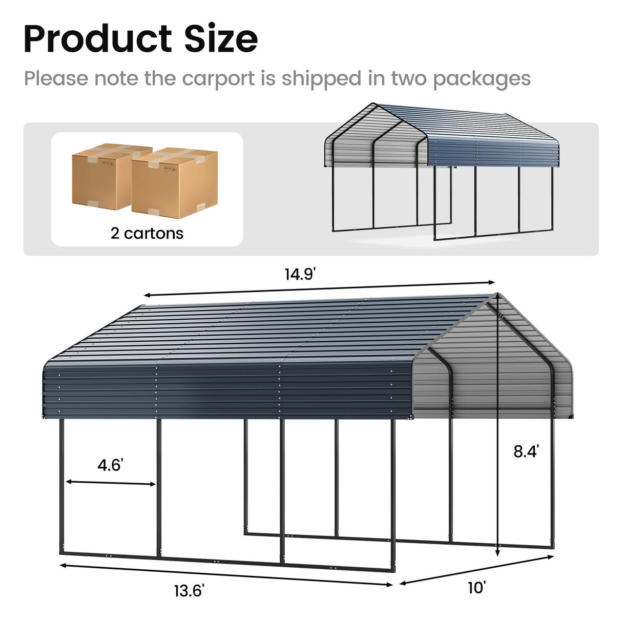 10'x15' Heavy Duty Metal Carport, Outdoor Garage Car Shelter Shade with Heavier Metal Frame, Galvanized Metal Roof for Car and Boats, Grey Real Relax