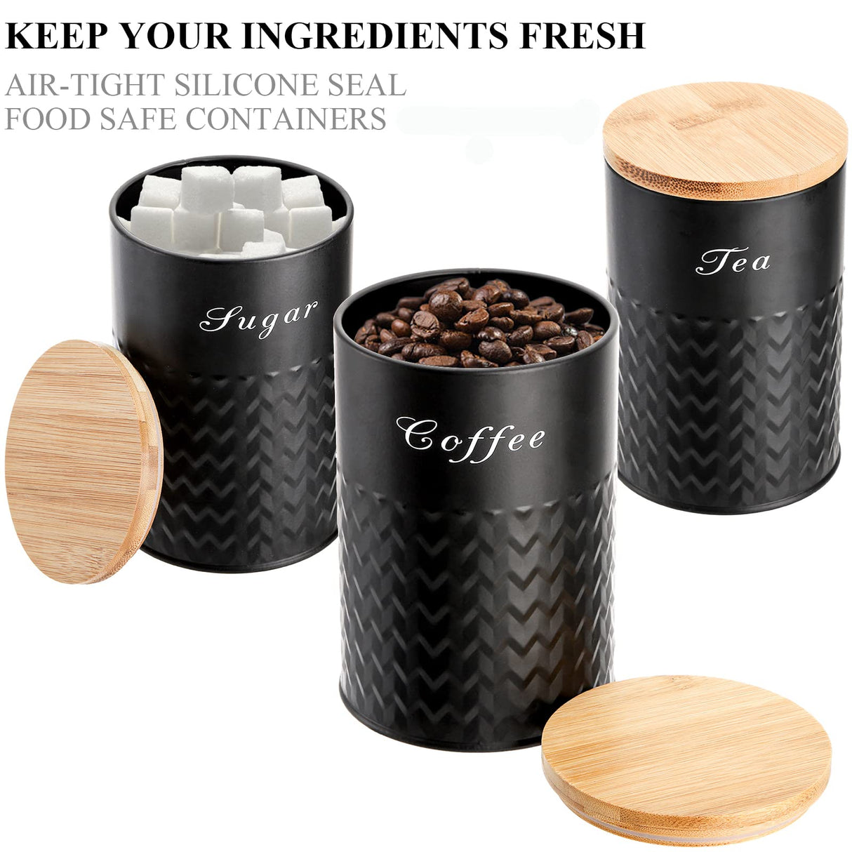 Bekith 3 Pack Kitchen Canisters with Bamboo Lids, Airtight Metal Canister Set, Food Storage Containers Jars for Coffee, Sugar, Tea, Flour, Rustic Farmhouse Kitchen Decor Containers, Black Bekith