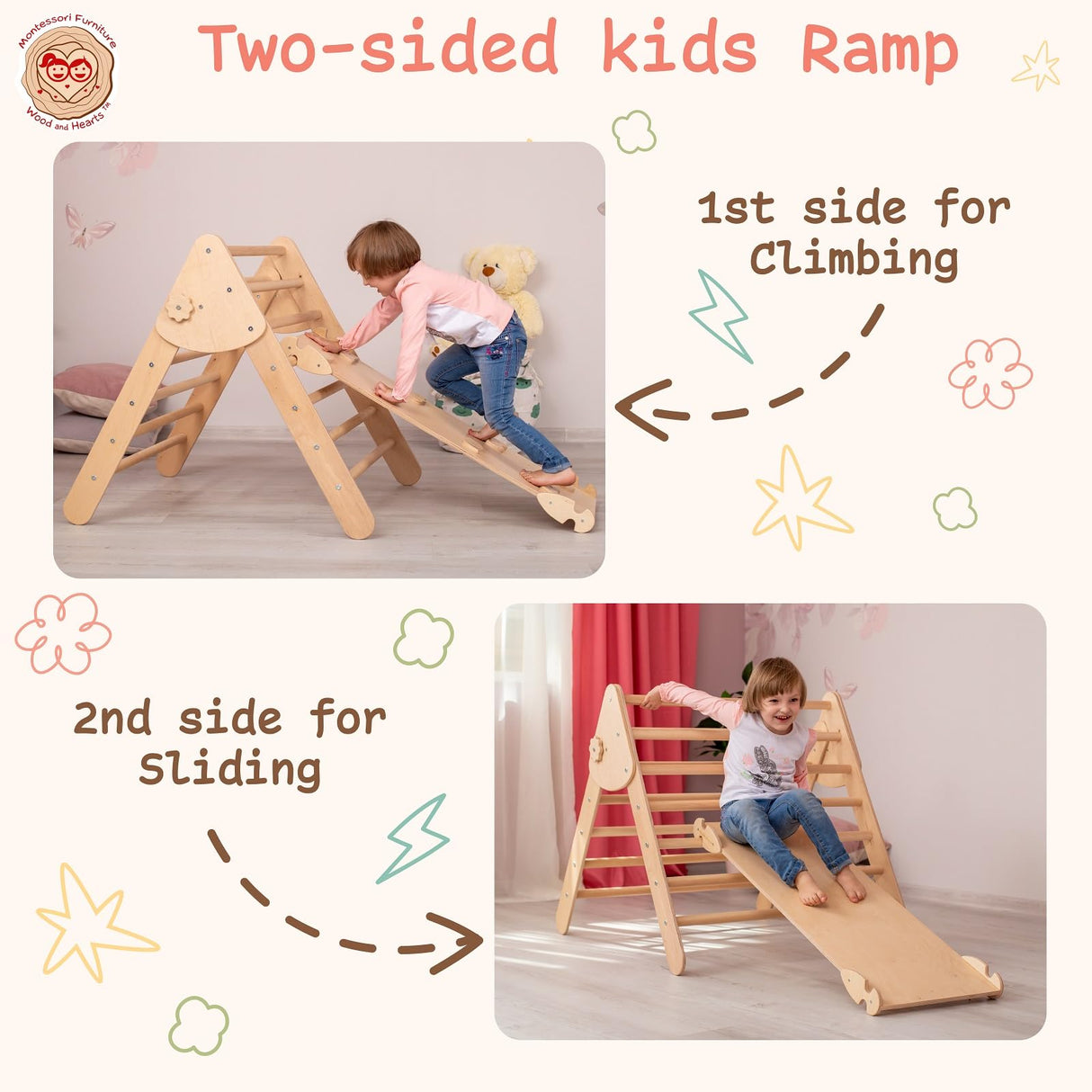 WoodandHearts Pikler Triangle Set of three items Wooden toys Climbing triangle Montessori Climbing toys for Toddlers Triangle with ramp Activity gym Baby Climbing triangle set (Large) Wood And Hearts