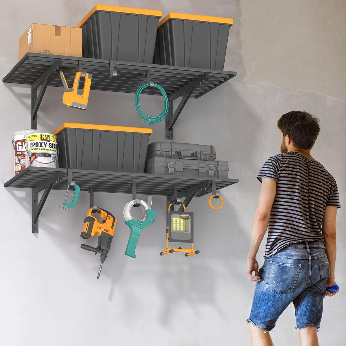 Jusgym 2-Pack 2x4ft Garage Shelving Wall Mounted, 2' x 4' Heavy Duty Garage Storage Shelves with Hooks, 400LB Capacity Jusgym