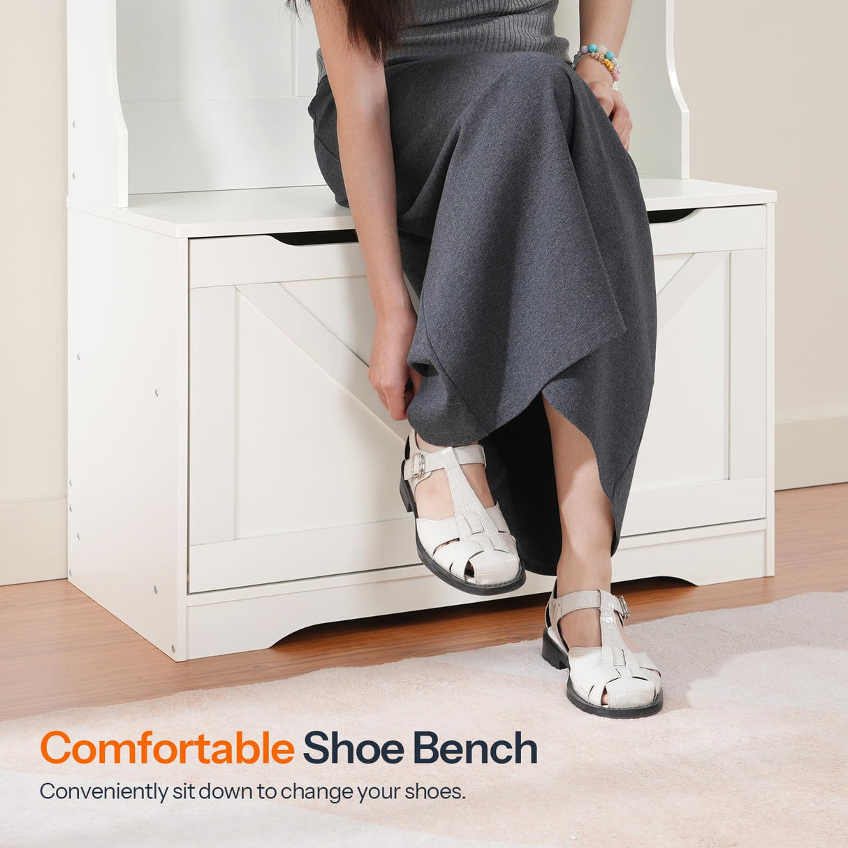 HOOBRO Hall Tree with Bench and Shoe Storage, Entryway Bench with Coat Rack and Shoe Cabinet, Flip-Down Cabinet Door, Coat Rack with Shoe Rack, for Mud Room, White WT84MT01 HOOBRO